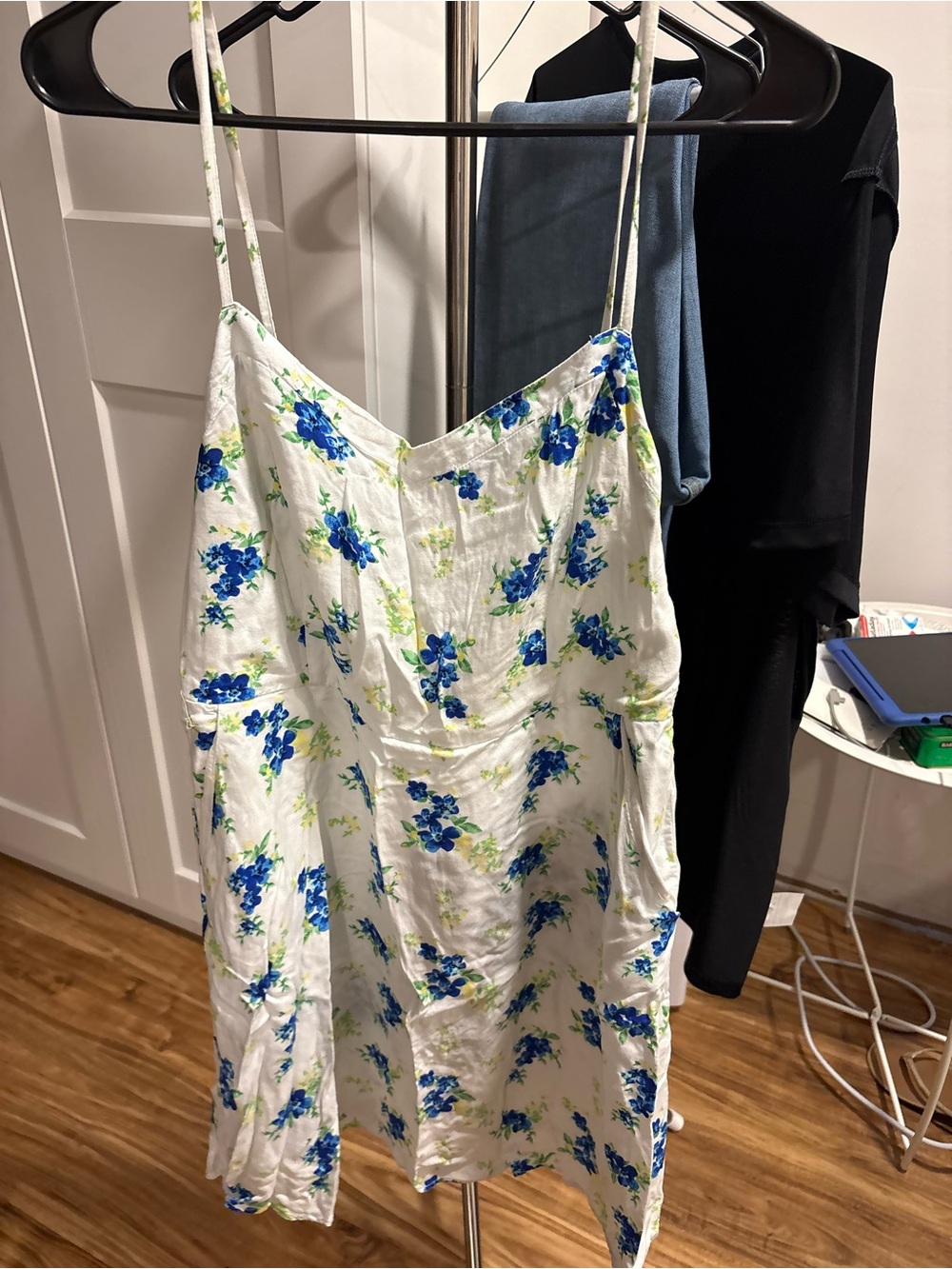 White Floral Spaghetti Strap Slip Dress - Blue Floral Print